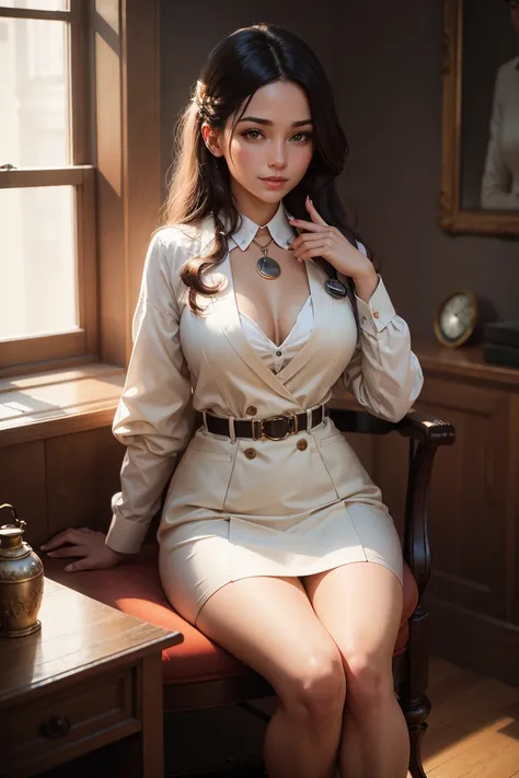 full body photo of the most beautiful work of art in the world with a beautiful secretary, sitting, smiling, roupa sexly, nostalgia, sexly, stethoscope, majestic professional heart oil painting, intrikate, high détail, sharp focus, Dramatic, photorealistic...