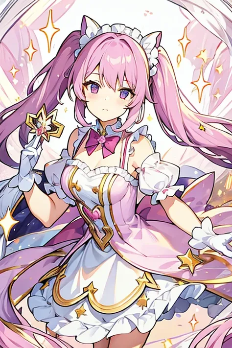 women, hair in two lilac pigtails with stars, pink and white dress with stars, Magic wand, white gloves 