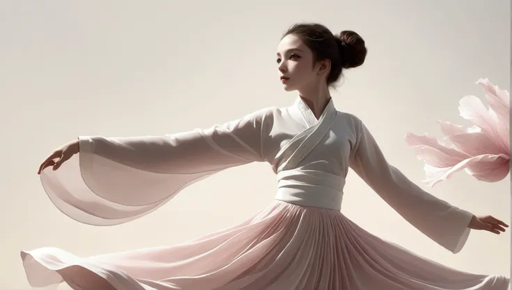 Beautiful dance photography；A little girl，Solitary；A dancing little girl；[Black Eyeball，confidence，High and cold，happy]；[Long skirt elegant style，Long sleeve；Set，Light pink and white gradient，Traditional style，The skirt has no pattern，The hem of the long s...