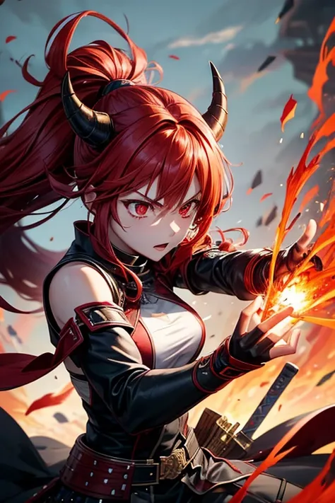 make images of a female demon slayer character with red eyes red hair red clothing a serious face in an action pose in a battle with her sword on fire and around her on fire her using fire attacks