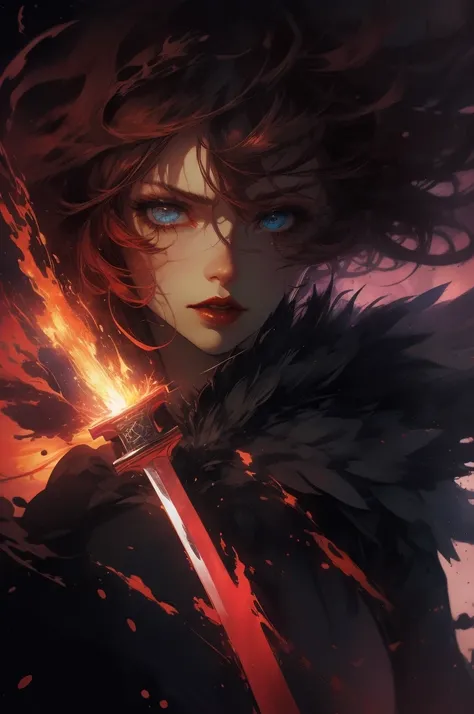 A woman with red hair, black eyes, pink lipstick, tan skin, holding a bloodstained sword, dramatic lighting, dark fantasy style, cinematic composition, highly detailed, photorealistic, 8k, ultra-detailed, masterpiece, dramatic contrast, dark moody colors, ...