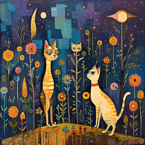 Naive Art . Stylized figures. A small woman holds her very tall, slender, very long-necked cat on a leash, with colorful stripes in geometric patterns, oval head and large slit eyes and whiskers, very long, thin paws. Starry night sky and moon. Cool and wa...