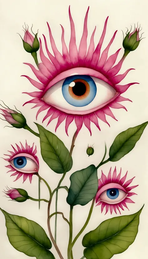 Bizarre plants,(((eye:1.37))),pink,Neat line drawing,Pen line outline,Exquisite lines,Intricate details,watercolor,Elegant colors,vintage style, format as coloring book page