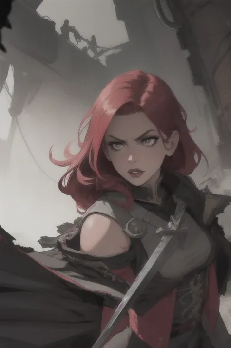 A woman with red hair, black eyes, pink lipstick, tan skin, holding a bloodstained sword, dramatic lighting, dark fantasy style, cinematic composition, highly detailed, photorealistic, 8k, ultra-detailed, masterpiece, dramatic contrast, dark moody colors, ...