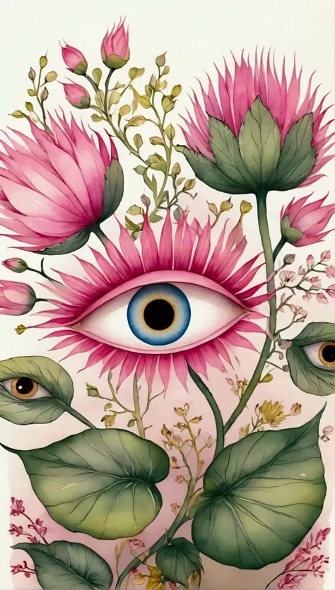 Bizarre plants,(((eye:1.37))),pink,Neat line drawing,Pen line outline,Exquisite lines,Intricate details,watercolor,Elegant colors,vintage style, format as coloring book page