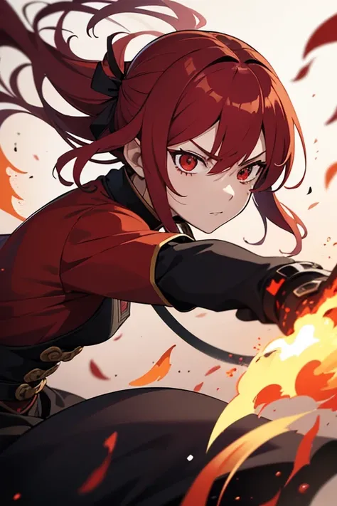 make images of a female demon slayer character with red eyes red hair red clothing a serious face in an action pose in a battle with her sword on fire and around her on fire her using fire attacks