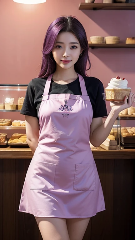 Beautiful woman in a bakery, Use an apron, Kwai Cafe Skin Art Style (League of Legends), Pink and purple colors