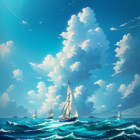 A sailboat floats on the sea under a cloudy sky, Blue Sea. by Shinkai Makoto, Shinkai Makoto cyril rolando, ( ( Shinkai Makoto ) ), Amazing wallpapers, author：rhads, Beautiful floating clouds. Japanese cartoons, wallpaper Japanese cartoons blue water, styl...