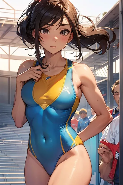 1. Beautiful ,Dynamic Angle,Female track and field athlete,Small Head,Big Breasts,Wall thickness, In athletics ,(Beautiful face in every detail:1.4),Detailed skin、Accentuate your breasts、I can see your chest