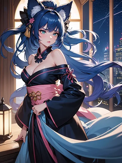 (super detailed:1.3), ((((best quality)))), ((masterpiece)), female kitsune, blue hair, long flowing hair, big green eyes, pink lipstick, full lips, (outfit between a black kimono and cocktail dress), (silky fabric), (low-cut neckline), (form-fitting waist...