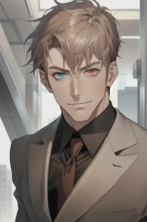 masterpiece, best quality, realistic, 1man, mature man, muscular tall, handsome, smile, closed mouth, portrait, extremely detailed face, (short hair), (gray brown hair), (heterochromia in eyes), CEO, Office home.