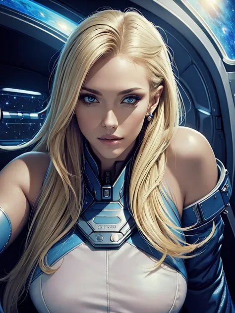 ((work of art)), ((best qualityer)), (detailded), perfect, alone, gorgeous  woman, Delicious lips, hair blonde, sexly, fully body, delicious. On a spaceship traveling outer space.
