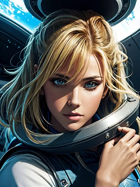 ((work of art)), ((best qualityer)), (detailded), perfect, alone, gorgeous  woman, Delicious lips, hair blonde, sexly, fully body, delicious. On a spaceship traveling outer space.
