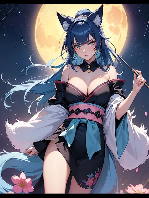 (super detailed:1.3), ((((best quality)))), ((masterpiece)), female kitsune, blue hair, long flowing hair, big green eyes, pink lipstick, full lips, (outfit between a black kimono and cocktail dress), (silky fabric), (low-cut neckline), (form-fitting waist...