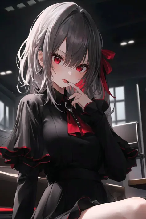 silver hair, girl, red eyes, black dress, slanted eyes, black nails, red ribbon hair accessory, bob, vampire, medium breasts, be...