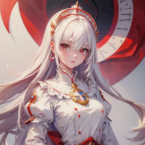 ((Best Quality)), ((masterpiece)), (detailed), 1 girl, {ninym ralei}, (White hair, Red eyes), background of a beautiful kingdom, (you can see a red and white castle)