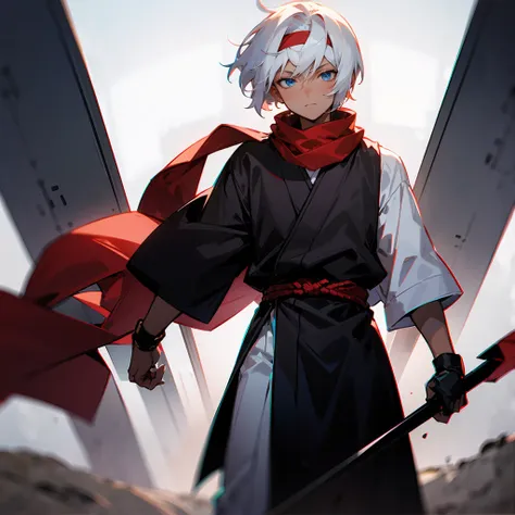 1male, Undercut Hair , Shaggy White Hair , Pale Blue Eyes , Dark Skin , Black Headband , Red Scarf, White Ninja Clothing , Calm Expression , Standing on Path