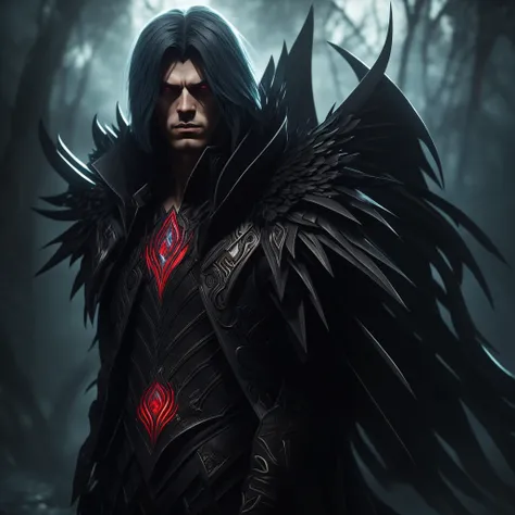 Create a mysterious male Asmodian character from the game Aion. The character should be positioned at the center of the image, showcasing his dark and imposing presence. He should have large, black wings that are slightly spread out, highlighting his majes...