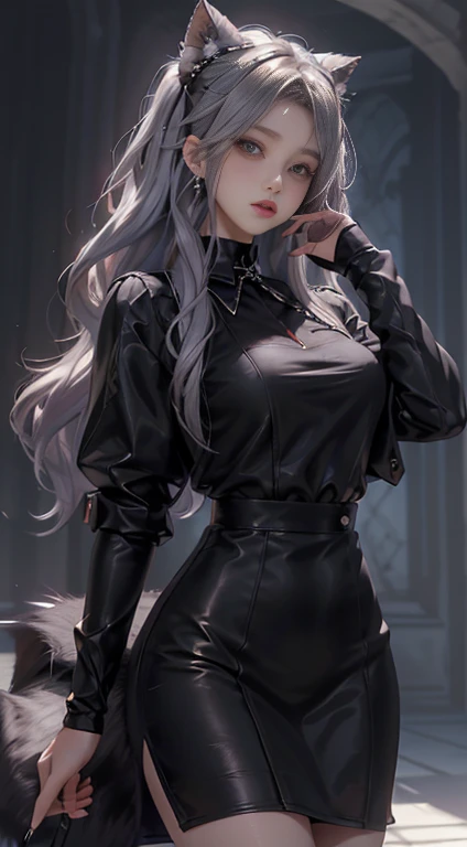 Realistic, High resolution, Anisotropic Filtering、Anti-aliasing、1. Female, alone, Hip Up,Lolita Costume， Beautiful Eyes, Gray Hair, The eyes are round, Collared shirt,Black tie,Black Skirt, Pencil Skirt, Fur coat