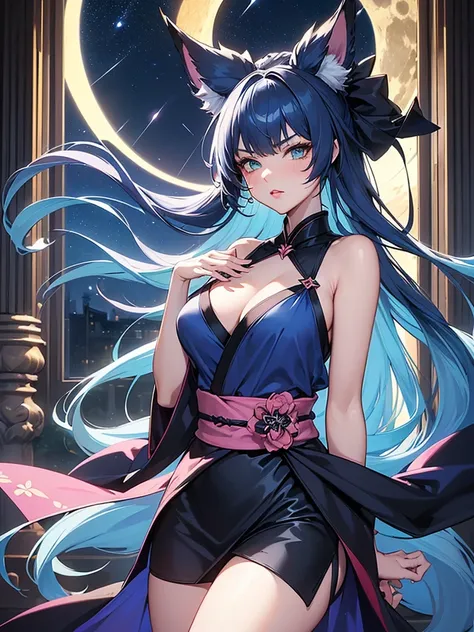 (super detailed:1.3), ((((best quality)))), ((masterpiece)), female kitsune, blue hair, long flowing hair, big green eyes, pink lipstick, full lips, (outfit between a black kimono and cocktail dress), (silky fabric), (low-cut neckline), (form-fitting waist...