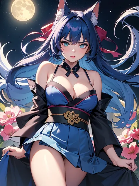 (super detailed:1.3), ((((best quality)))), ((masterpiece)), female kitsune, blue hair, long flowing hair, big green eyes, pink lipstick, full lips, (outfit between a black kimono and cocktail dress), (silky fabric), (low-cut neckline), (form-fitting waist...