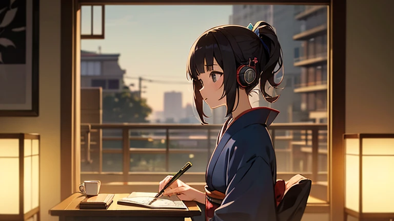 beautiful girl studying at a desk in a room with headphones on、warm lighting、outside the room it is night、a pleasant breeze is b...