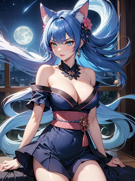 (super detailed:1.3), ((((best quality)))), ((masterpiece)), female kitsune, blue hair, long flowing hair, big green eyes, pink lipstick, full lips, (outfit between a black kimono and cocktail dress), (silky fabric), (low-cut neckline), (form-fitting waist...