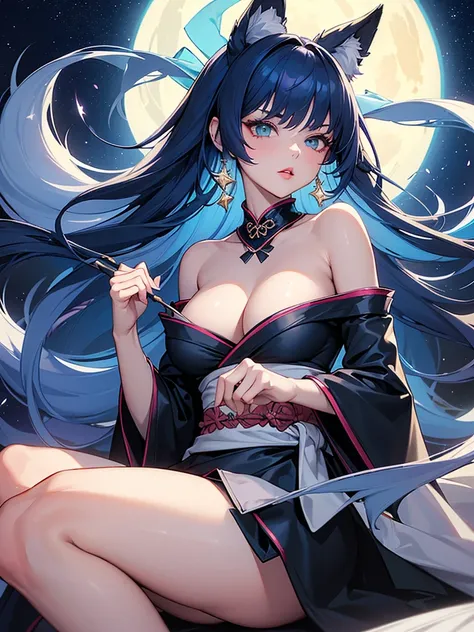 (super detailed:1.3), ((((best quality)))), ((masterpiece)), female kitsune, blue hair, long flowing hair, big green eyes, pink lipstick, full lips, (outfit between a black kimono and cocktail dress), (silky fabric), (low-cut neckline), (form-fitting waist...