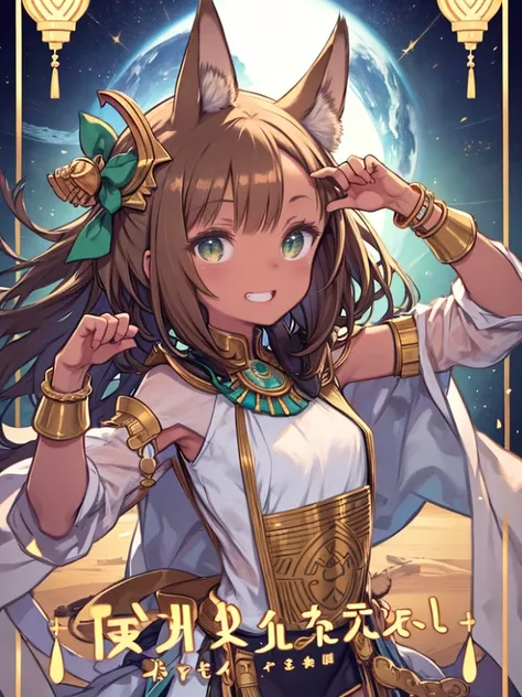 One Girl、Ancient Egyptian costumes、((Brown Skin))、Cat ears, green eyes、White waistband、Bastet Goddess、Cat Pose、Green Cape、Brown Hair、laughing、Watching the audience、Upper Body、Gold Bracelet、Gold ornaments、cute、