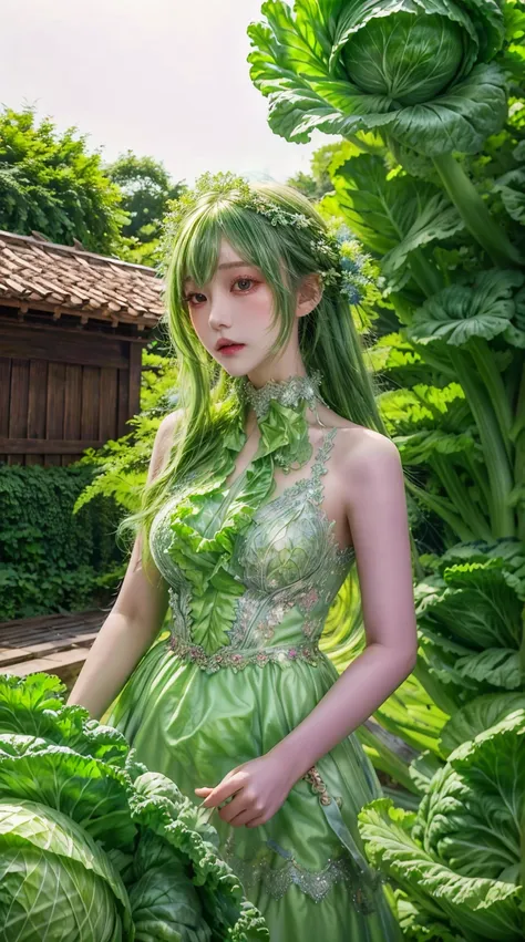 masterpiece, very detailed, highest image quality, 1 girl, solitary, long green hair, cabbage dress, fine jewelry, outdoor,