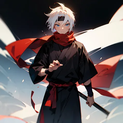 1male, Undercut Hair , Shaggy White Hair , Pale Blue Eyes , Dark Skin , Black Headband , Red Scarf, White Ninja Clothing , Calm Expression , Standing on Path