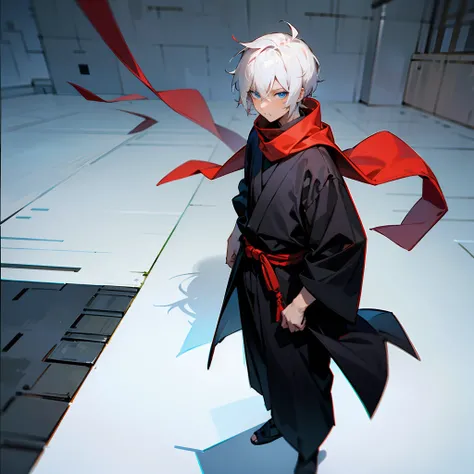 1male, Undercut Hair , Shaggy White Hair , Pale Blue Eyes , Dark Skin , Red Scarf, White Ninja Clothing , Calm Expression , Standing on Path