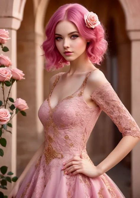 Adorable and innocent faced fair skinned pink haired magenta eyed slender European young woman pink gold rose gold color themed elegant but sexy dress with lacey design