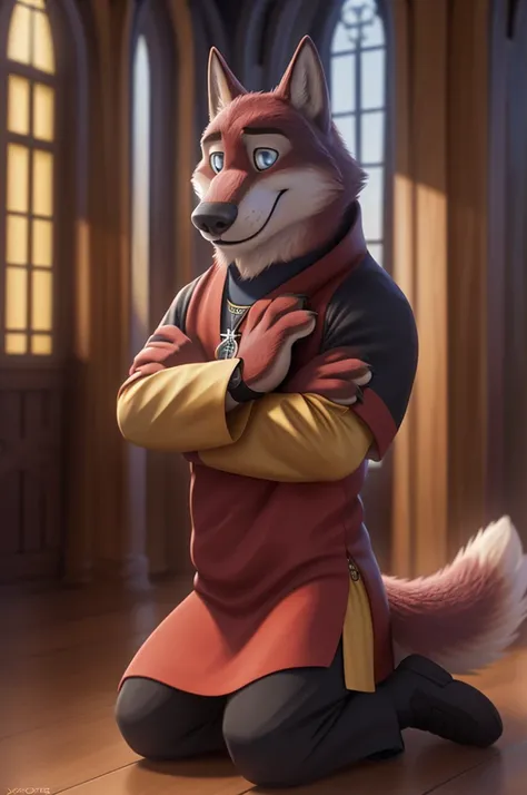 Joachim Wolfbach (Zootopia),tall handsome, wolf,young, 24 years, brown fur,(red body:1.3),Blue eyes, Moscow Dressed,golden,priest,Russian Orthodox Church,shirt inside cassock,pectoral cross, shoes, canine, wolf, detailed fur, Male, second, paw pads, finger...