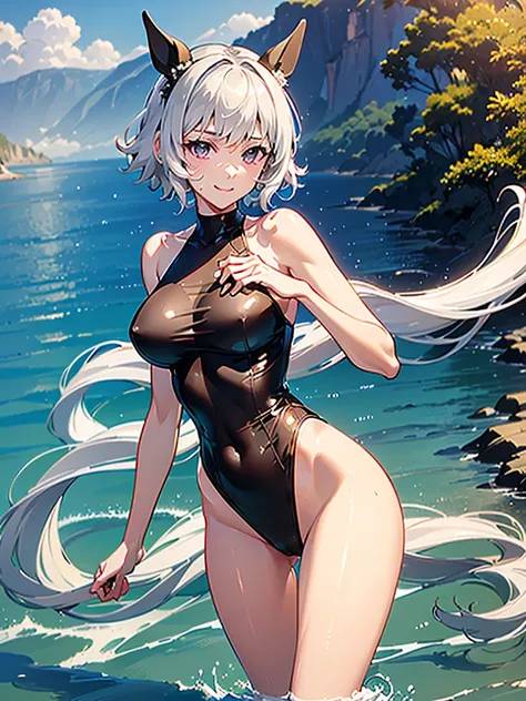 ((16k, highest quality, master piece: 1.2, super detailed, super high resolution, super detailed)), 1 girl, CurrenChan (umamusume), White hair, short hair, black horse earste,Horse tail, beautiful detailed face, beautiful detailed eyes, soft expression, sl...