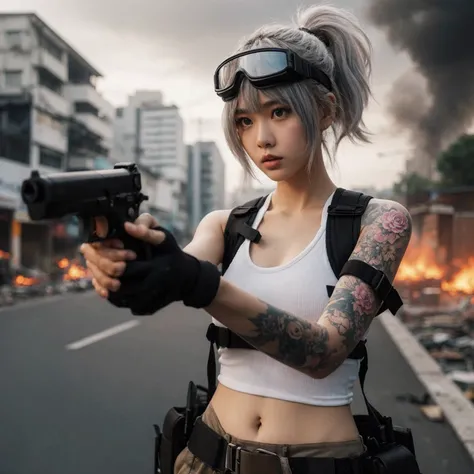 create realistic a 20yo indonesian woman slightly overweight, wears vest with white fitted tanktop and wears goggles clasic strap, wrapped hands with casa, pastel gray tied up hair. practicing shooting with toy gun at street, serious expression, background...