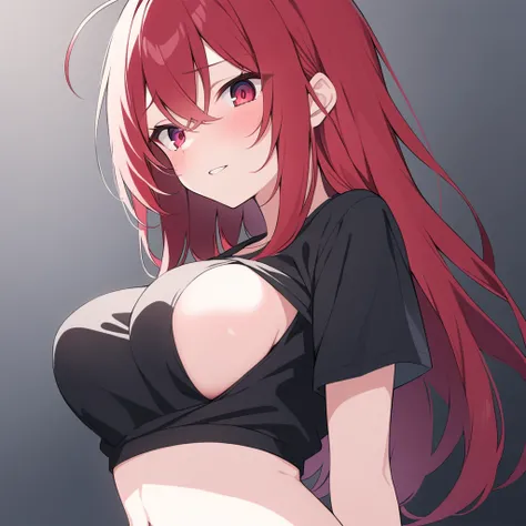 High quality,Medium hair,white and red hair,ruby eyes (glowing),long hair,black ribbon in her backhair,Short ahoge,Black cropped hip shirt,Her shirt in the middle of her breast,yandere face