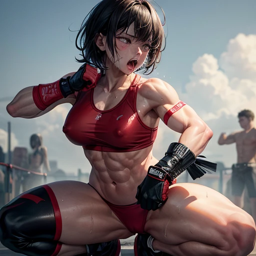 a bloody girl fighter and a man are fighting in a fighting octagon ring. he is punching bloody pretty young japanese girl fighters body in a series. She is struggling. she is crying and screaming. she has short-cut black hair, shortness of breath, drool fr...