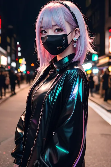 Redhead、Goth_punk, One Girl, alone, Medium Shot, Walking around Harajuku, ((at night)), Bokeh Depth of Field, Neon Light, Rainbow Eyes, Starry Sky, Red glowing hair, White eyebrows, Shiny Hair, (Iridescent white hair), Earrings, Bans, gem, mask, Blunt bang...