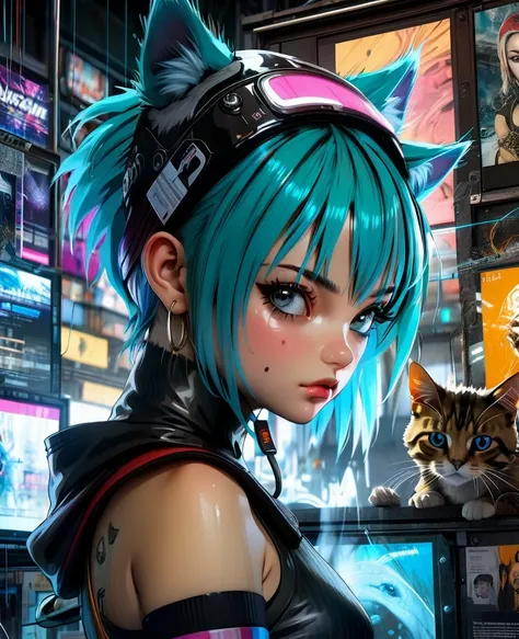 atmosphere oleosa sombria Artwork By Jesper Ejsing Looking into the mirror of truth Detailed Cyber punk cat art girl sexy DBZ Bulma Naruto fênix Carne Griffiths Michael Garmash, seb McKinnon, masterpiece", marron Black withe latex art, in 4D lighting, 8k c...