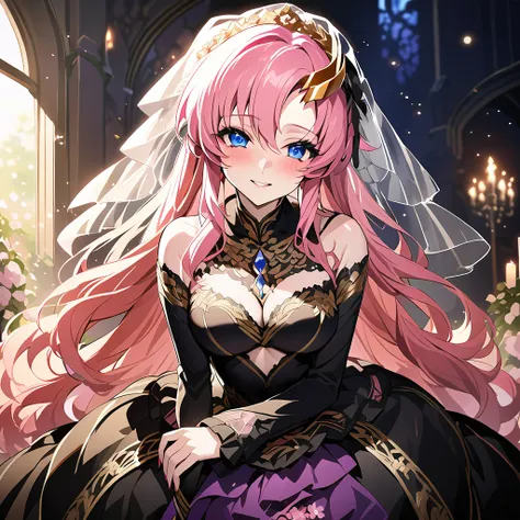 ((Highest quality)), ((masterpiece)), (detailed), （Perfect Face）、The woman is Lacus Clyne, with blue eyes, medium-long pink hair, a hair accessory, and an engagement ring. She is the beloved wife of Orpheus Ram Tao and the queen of the Foundation.、The woma...