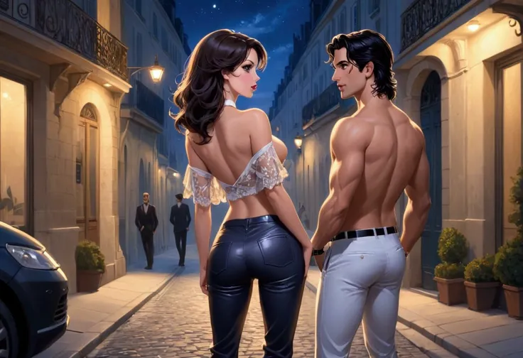 At night, in a french street, a sexy woman wearing nice pants and showing off her ass and showing her tongue to a handsome dark hair man bad boy