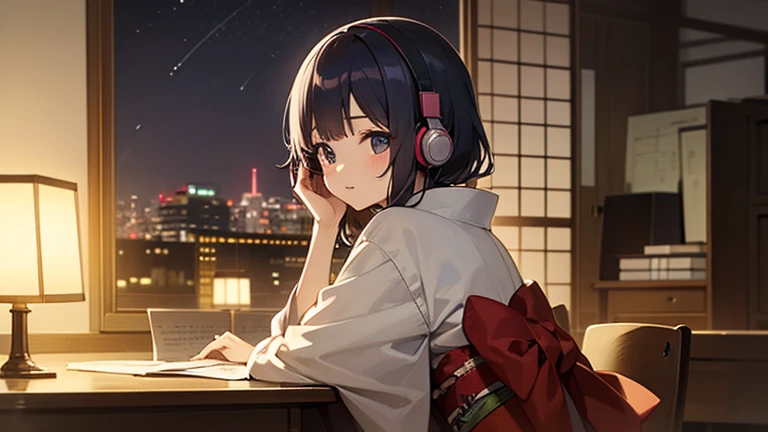 Beautiful girl studying at a desk in a room with headphones on、Warm lighting、Outside the room it is night、A pleasant night breeze is blowing、Japanese anime style、kimono、Sideways but not forward