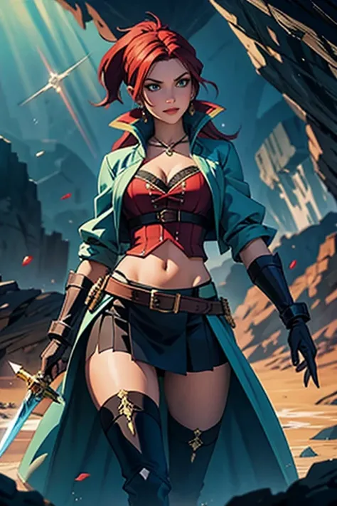 beautiful pirate woman with a shining sword in a gloomy cave