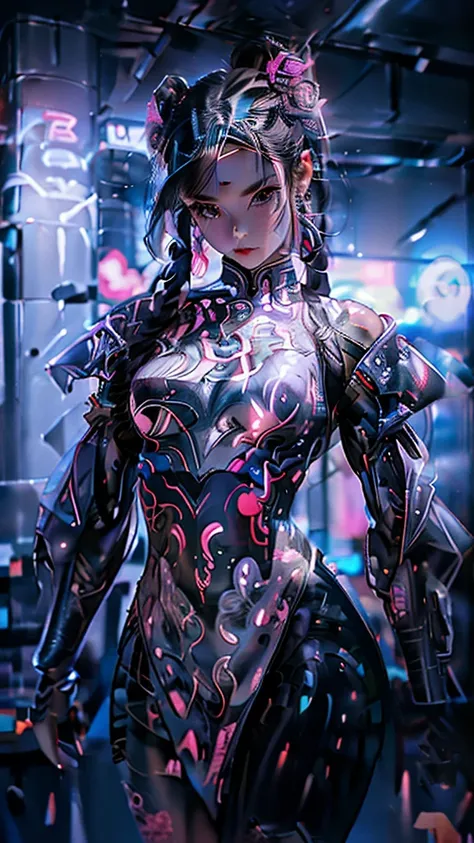 creates an ultra realistic 3D image of a beautiful cyberpunk girl with violet eyes in all her ornaments with long hair with cool braids in hot pink dressed in a shiny black latex lycra fitted to her body cool and creative fitness , full body in cool dynami...