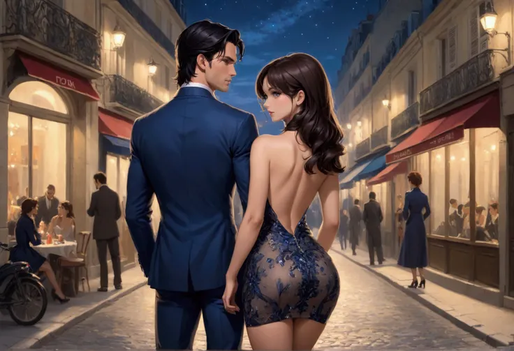 At night, in a french street, a sexy woman wearing nice dress showing off her ass to a handsome dark hair man bad boy