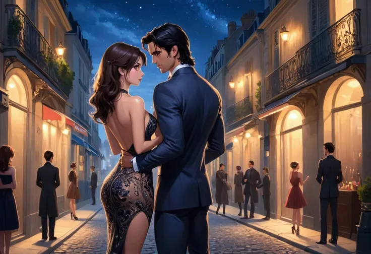 At night, in a french street, a sexy woman wearing nice dress showing off her ass to a handsome dark hair man bad boy