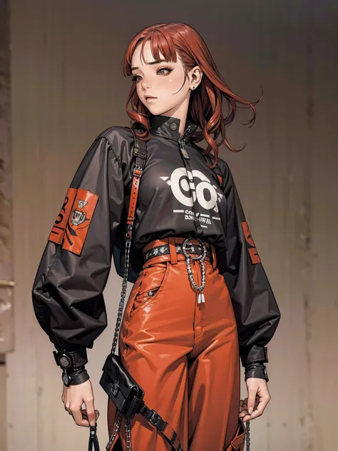 (best qualityer))), (((manga strokes))), (((red curly hair with bangs))), (((baggy pants with black spots))), (((paisley pattern))), (((Rusc GFX_dark))), uma Kizi jovem muito bem vestida com roupas modernas de inverno, pants with paint splatters, top gift ...