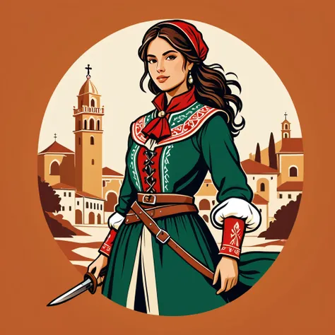 female	pathfinder	in italian folk outfit	,vector graphics, strong contours, logo design																						