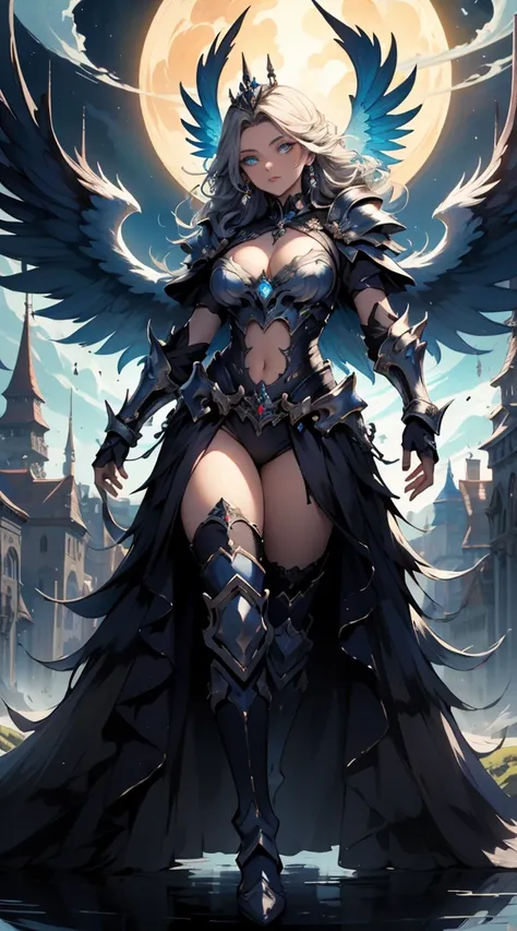 (((masterpiece))) (((highest quality))) (((8k resolution))) Queen in power armor, (gothic style), (full body shot 1.2), bellybutton, The most beautiful and sexy angel goddess, with long light brown hair, and glowing blue eyes, wearing intricate white gothi...